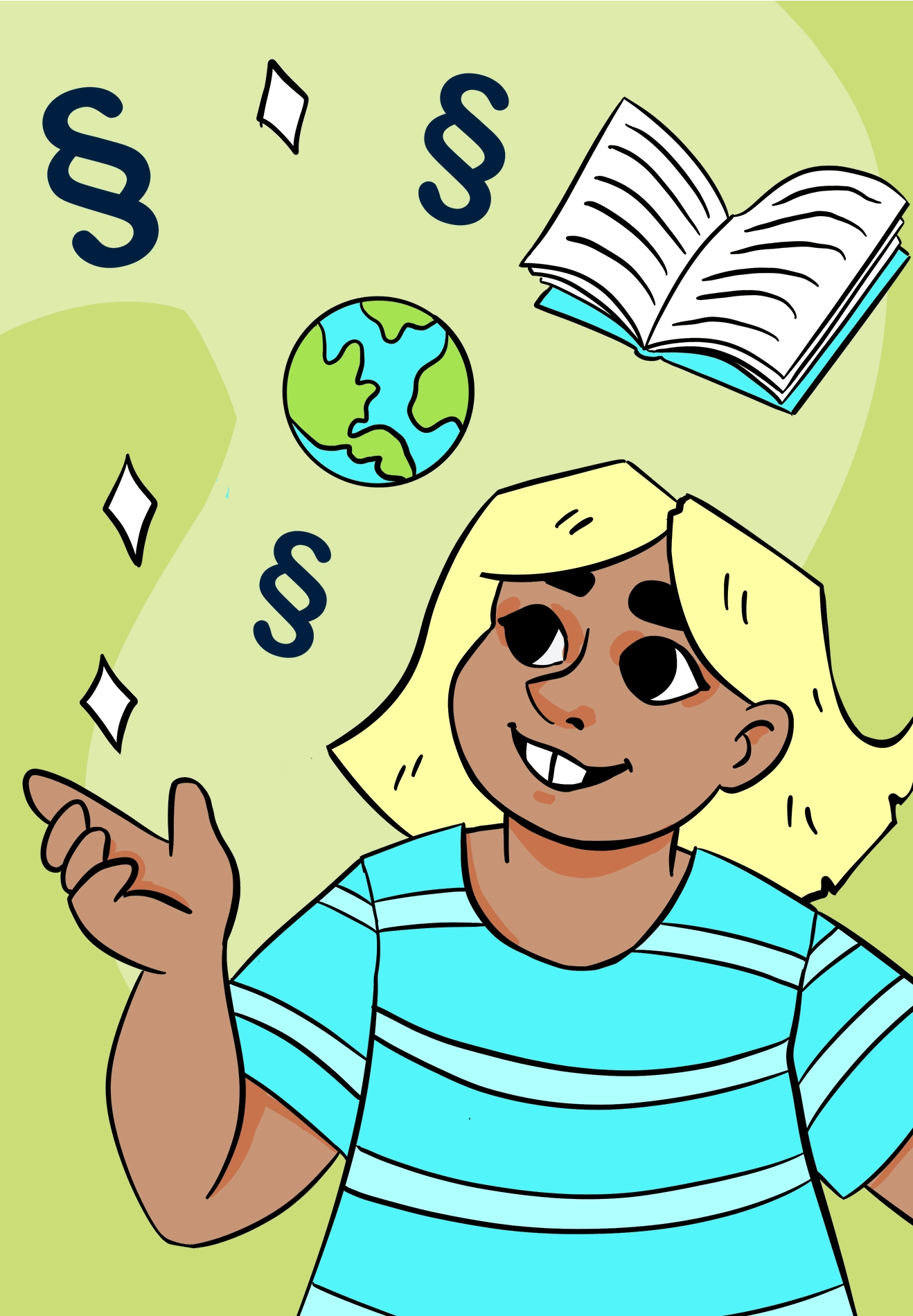 Rättigheter: ett barn med blont hår framför en jordglob med paragraftecken