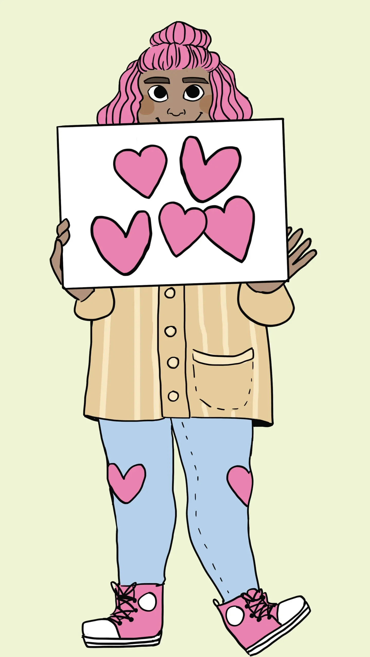 Ett barn håller upp en skylt med rosa hjärtan. Teckning.